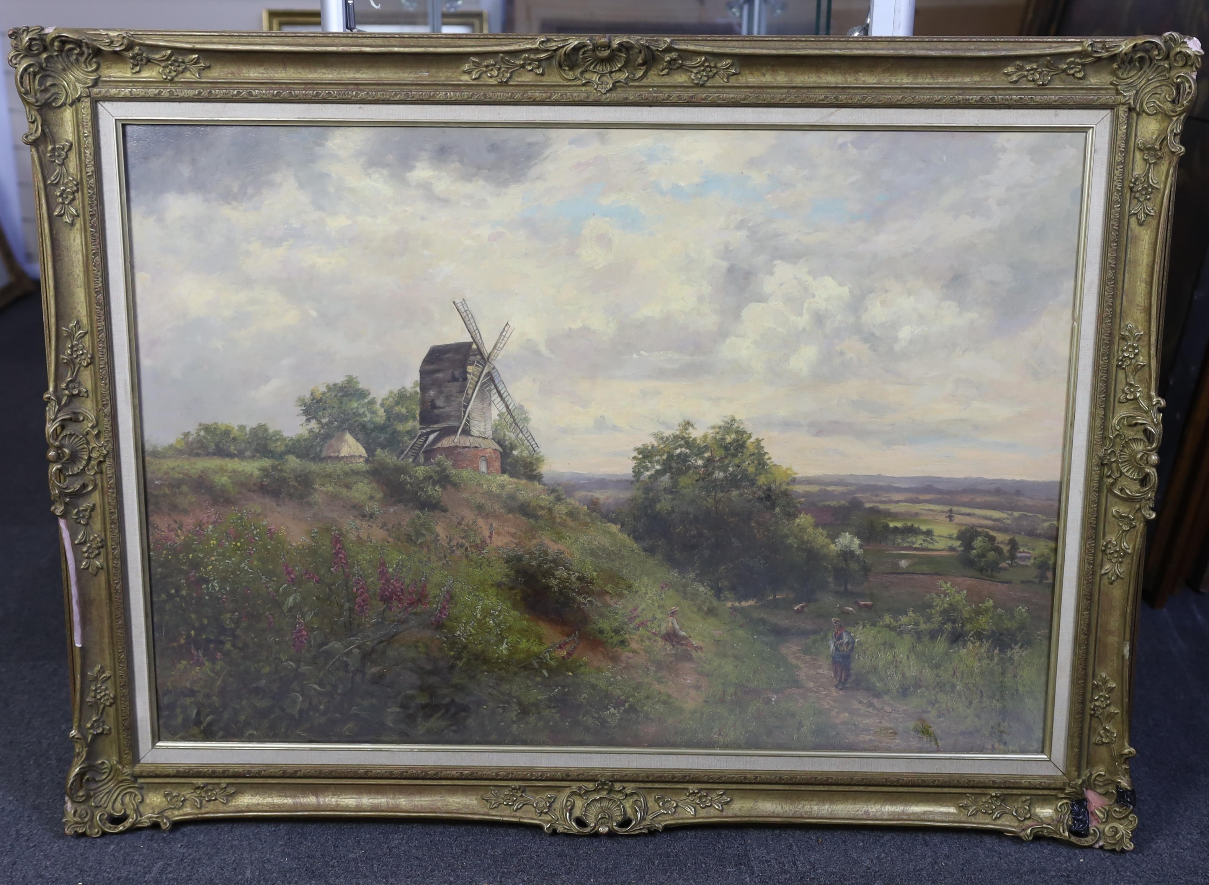 J F Wilkinson (19th. C), oil on canvas, 'Mid Surrey Hill', signed, 67 x 97cm. Condition - fair, restored and relined